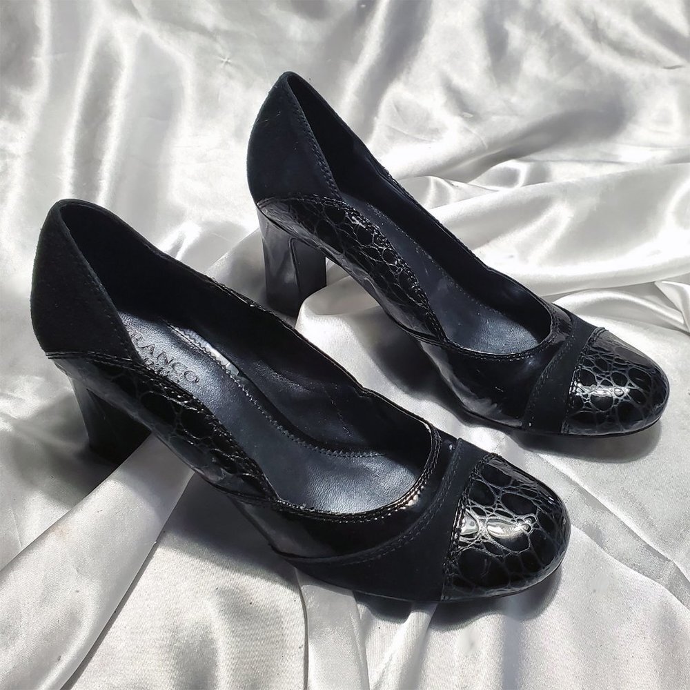 FRANCO SARTO black suede patent croc thick high heel classy pumps SZ 8